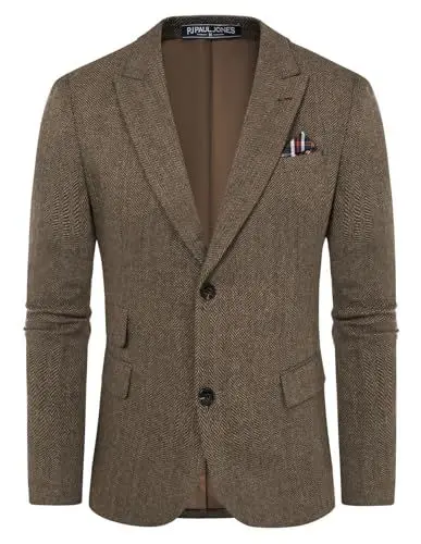 Produktbild: PJ PAUL JONES Herren Tweed Sakko Elegante Business British Blazer 2 Knöpfe Freizeit Anzugjacke (Hell-Kaffee, XL)