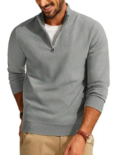 Produktbild: PJ PAUL JONES Herren Troyer Pullover 1/4 Zip Slim Fit Rollkragenpullover Warmer Winterpullover (Grau, L)