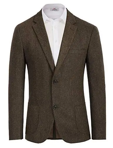 Produktbild: PJ PAUL JONES Herren Zwei Tasten Kerbe Revers Tweed Blazer Winter Herringbone Blazer Jacke (Dunkelbraun, L)