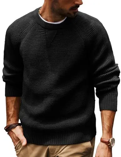 Produktbild: PJ PAUL JONES Herren Pullover Waffel Strickpullover mit Rundhalsausschnitt Pullover für Winter L Schwarz