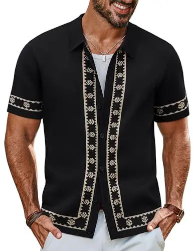 Produktbild: PJ PAUL JONES Poloshirt Herren Kurzarm Muster Poloshirt Herren Regular Fit Button Down Schwarz M