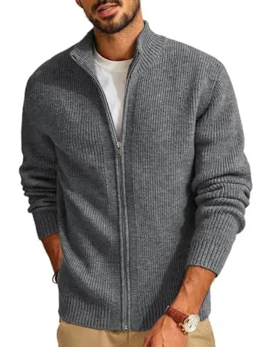 Produktbild: PJ PAUL JONES Cardgigan für Herren Langarm Rippenstrick Strickjacke mit Stehkragen Freizeit Business Strickjacke (Dunkelgrau, XXL)