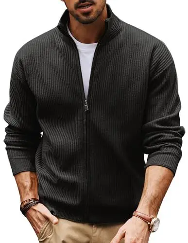 Produktbild: PJ PAUL JONES Strickjacke Herren mit Reissverschluss Cardigan Slim Fit Stehkragen Trachtenjacke Herren L Schwarz