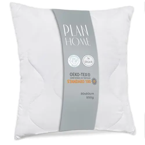 Produktbild: Plan Home Kopfkissen 80x80 Schwerer 950g Oeko-Tex Hypoallergen Schlafkissen Waschmaschine Waschbar bis 60° - Atmungsaktiv Dekokissen oder Bettkissen - Pillow