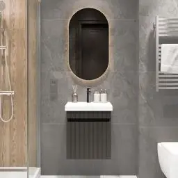 Produktbild: Planetmöbel Cosmia Badmöbel Set 4-teilig Waschbecken mit Unterschrank 50 x 60 x 35 cm Anthrazit, Bad-Spiegel mit LED 50 cm, Armatur und Ablaufgarnitur schwarz