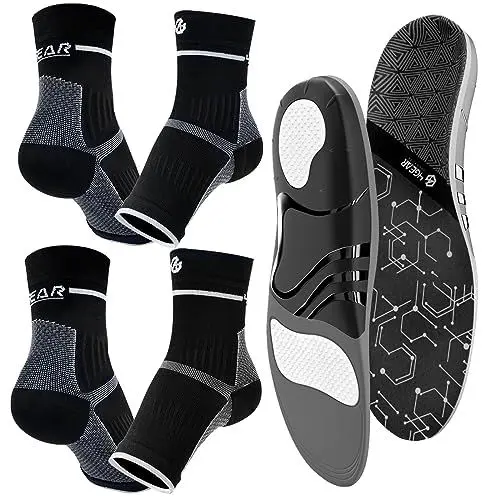 Produktbild: Plantarfasziitis-Entlastungs-Set, 2 Paar Allround-Kompressions-Fußmanschetten & 1 Paar orthopädische Einlegesohlen zur Unterstützung des Fußgewölbes für Männer und Frauen, schnelle Schmerzlinderung