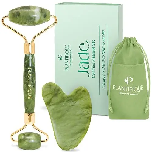 Produktbild: Plantifique Jade Gesichtsroller und Gua Sha Stein Set - Natürliches Jade Face Roller & Guasha für Lymphdrainage und Massage Gesicht, Augenroller - Gesichtsmassage Roller