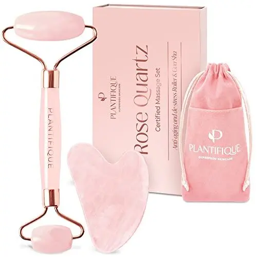 Produktbild: Plantifique Rosenquarz Gesichtsroller und Gua Sha Stein Set - Face Roller & Guasha für Gesichtsmassage und reduziert Schwellungen - Face Massager - Massagesteine Gesicht