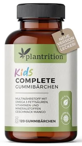 Produktbild: plantrition 120 Vitamin Gummis Kinder zuckerfrei Neu - Leckere Multivitamin Gummies mit Omega 3 (Vegan), Vitamin C, Vitamine Kinder D3, K2, B12, Zink & mehr (Mango KIDS Complete