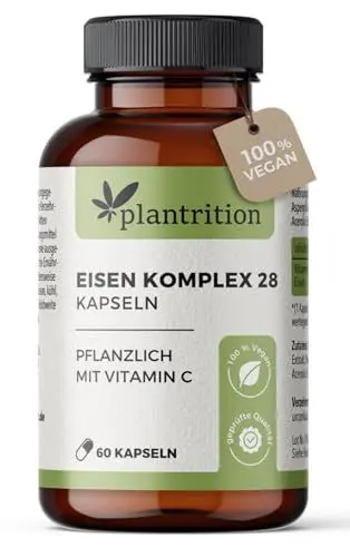 Produktbild: plantrition Eisen Komplex 28MG - komplett natürliches Eisen bei Eisenmangel + Vitamin C aus Acerola und Hagebutten (50MG) Alternative zu Eisentabletten, leichter zu schlucken - 60 Kapseln
