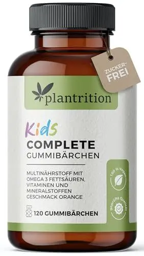 Produktbild: plantrition KIDS Complete 120 Vitamin Gummibärchen Kinder zuckerfrei - Leckere Multivitamin Gummies mit Omega 3 (Vegan), Vitamin C, Vitamin D3, K2, B12, Zink & mehr
