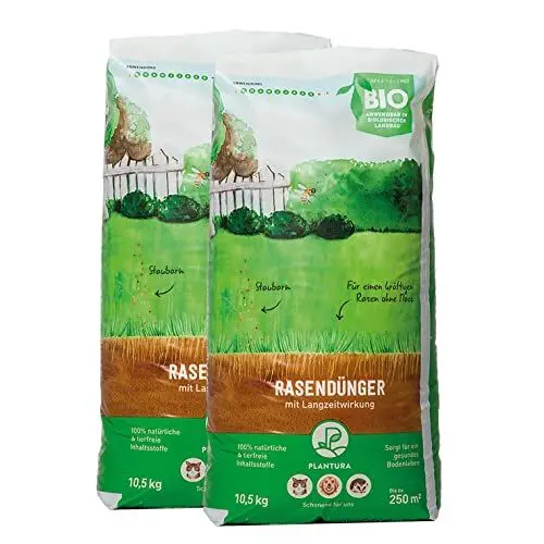 Produktbild: Plantura Bio-Rasendünger Frühjahr/Sommer, 100% organischer Langzeitdünger für sattgrünen Rasen, 3 Monate Wirkung, gesunder Rasen verdrängt Moos & Unkraut, staubarmes Granulat, 21 kg für 500 m²