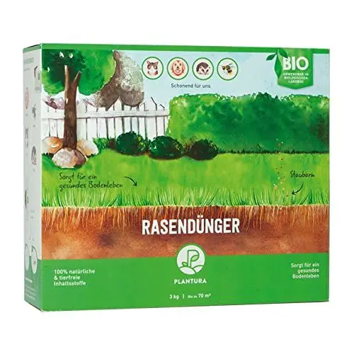 Produktbild: Plantura Bio-Rasendünger Frühjahr/Sommer, 100% organischer Langzeitdünger für sattgrünen Rasen, 3 Monate Wirkung, gesunder Rasen verdrängt Moos & Unkraut, staubarmes Granulat, 3 kg für 70 m²