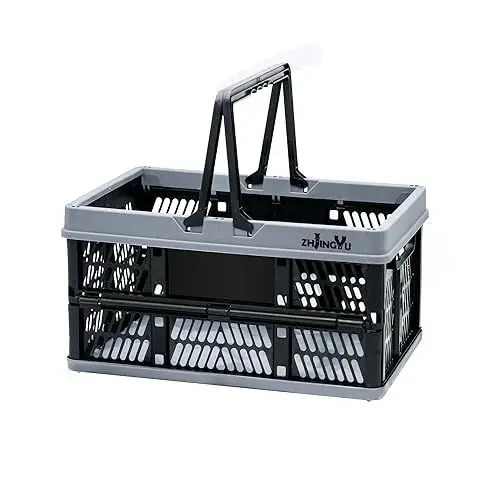 Produktbild: ZHJINGYU Klappbox 20L, Klappkiste mit Griff(38 * 25 * 20cm) Klappkorb, Einkaufskorb Plastik für Küche Schlafzimmer Badezimmer Büro (Schwarz und Grau)