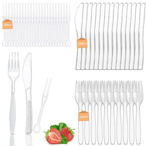 Produktbild: Plastikbesteck, 300 Stück Party Besteck Wiederverwendbar, Plastikgabeln, Plastik Messer, Robustes Kunststoffbesteck, Plastikbesteck Set für Familienfeiern Outdoor Dinne