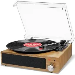 Produktbild: Plattenspieler, FYDEE Vinyl Plattenspieler Bluetooth, Schallplattenspieler Vintage Turntable mit Eingebauter Stereo-Lautsprecher, 3-Gang 33/45/78 U/min, RCA Ausgang, AUX-Eingang, Holzfarbe