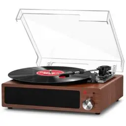 Produktbild: Plattenspieler, FYDEE Vinyl Plattenspieler Bluetooth Schallplattenspieler Vintage Turntable mit Eingebauter Stereo-Lautsprecher und 3-Gang 33/45/78 U/min,RCA Ausgang, AUX-Eingang - Nussbaum
