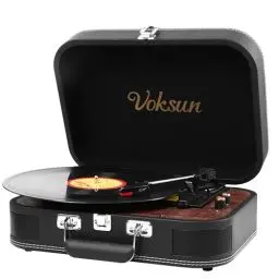 Produktbild: Plattenspieler, VOKSUN Bluetooth Schallplattenspieler Vinyl Plattenspieler Turntable und Digital Encoder mit 3-Gang 33/45/78 U/min Eingebauter 2 Stereo Lautsprecher Aux-In RCA,Kofferdesign (Leder)
