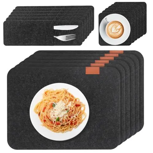 Produktbild: Platzsets, 18er Tischsets Platzsets Abwaschbar, 30x41cm Filz Tischset Platzset, beinhaltet 6 rutschfest Platzdeckchen, 6 Untersetzer Telleruntersetzer, 6 Bestecktaschen für Küche, Speisetisch