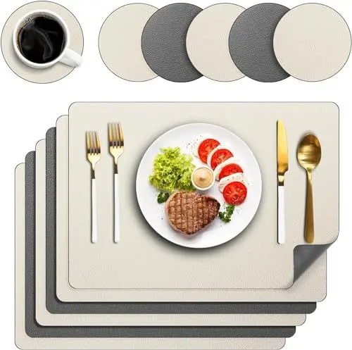 Produktbild: Platzsets Abwaschbar 6er Set, Tischsets Lederoptik Platzdeckchen Abwischbar Doppelseitiges Platzset mit Untersetzer für Küche, Haus, Restaurant, 43x30cm (Beige)