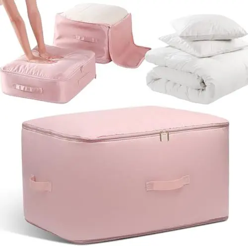 Produktbild: Puosike Platzsparender Selbstkomprimierender Organizer, Aufbewahrung für Bettdecken Decken Kleidung Kompressions Organizer, Kleidung Aufbewahrung Aufbewahrungstasche(Rosa, 54 x 42 x 30CM)