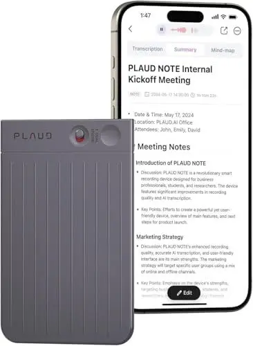 Produktbild: PLAUD Note KI Digitales Diktiergerät mit Hülle - 64 GB Aufnahmegerät mit KI-Technologie zum Transkribieren und Zusammenfassen, One-Touch-Aufnahme, Rauschunterdrückung, Unterstützt 112 Sprachen