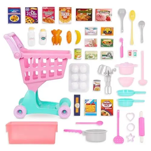 Produktbild: Play Circle Einkaufswagen für Kinder 50 Teile mit Spielzeug Lebensmittel und Küchenzubehör – Kinderküche, Spielküche, Kaufladen Zubehör ab 3 Jahre