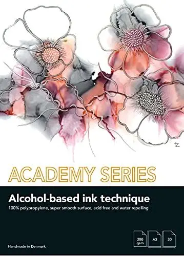 Produktbild: PLAY-CUT Academy Series Alcohol Ink Pad Din A3 Papier (Weiß) | 30 Bogen Malblock A3 für Alkohol Tinte 200g/m2 | Synthetisches Wasserfestes Papier für Acrylfarben Alkoholtinte Aquarell Farben