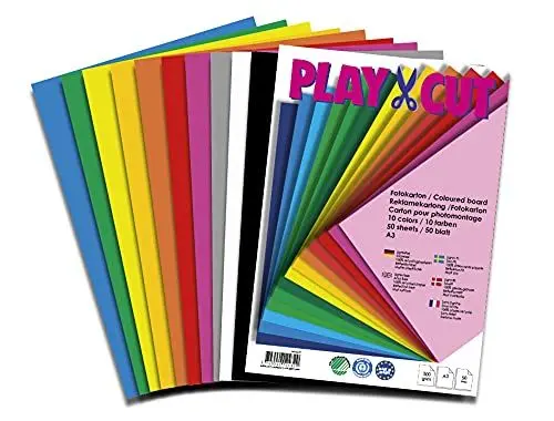 Produktbild: PLAY-CUT Fotokarton A3 Set (300g/m2) | 50 Bogen Din A3 Foto Karton Bunt mit 10 Verschiedenen Farben | Dickes Foto Papier | Premium Druckerpapier Dicke Stärke | Karton zum Basteln Drucken