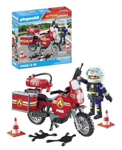 Produktbild: PLAYMOBIL Action Heroes 71466 Feuerwehrmotorrad am Unfallort, rasante Fahrt zum Einsatz, mit vielfältigem Zubehör wie Funkgerät und Feuerlöscher, realitätsnahes Spielzeug für Kinder ab 4 Jahren