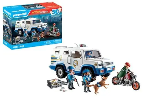 Produktbild: PLAYMOBIL Action Heroes 71597 Geldtransporter, spannende Ganovenjagd, inklusive DREI Polizisten, einem Ganoven auf einem Motorrad und einem Polizeihund, actionreiches Spielzeug für Kinder ab 4 Jahren