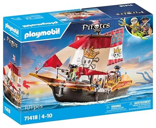 Produktbild: PLAYMOBIL Pirates 71418 Piratenschiff, aufregende Abenteuer auf hoher See, mit umfangreichem Zubehör wie Fernrohr, Kompass und Kanonen, Spielzeug für Kinder ab 4 Jahren