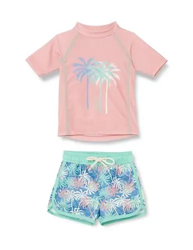 Produktbild: Playshoes Unisex Kinder UV-Schutz Bade-Set zweiteilig Schwimmshirt Badeshorts Badebekleidung, Palmen Koralle, 86/92