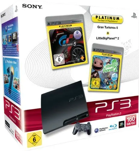 Produktbild: PlayStation 3 - Konsole Slim 160 GB + Gran Turismo 5 (Platinum) + LittleBigPlanet 2 (Platinum)
