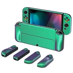 Produktbild: playvital AlterGrips Hülle für Nintendo Switch OLED, Joy Con Slim Case Hülle Schutzhülle Dockable Zubehör, Ergonomische Grip mit Thumbstick Caps&Tasten Kappen für Nintendo Switch OLED(Grün Lila)