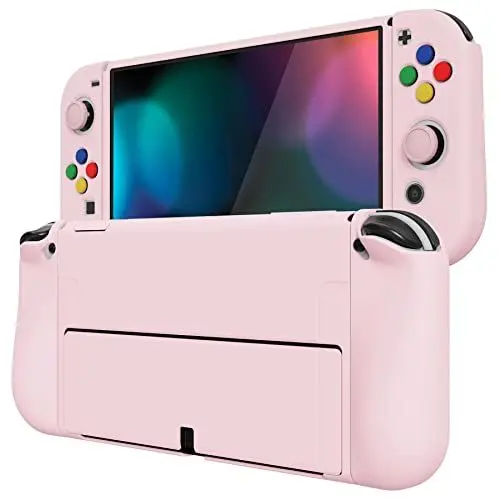 Produktbild: playvital ZealProtect Weiche Schutzhülle für Nintendo Switch OLED Konsole Joy Con, Case Hülle Cover Zubehör für Nintendo Switch OLED mit Sticks Kappen & ABXY Richtungstastenkappen(Kirschblüten Rosa)