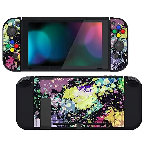 Produktbild: PlayVital Schutzhülle für Nintendo Switch Konsole Joycon,weiche TPU Slim Case Hülle Griff Tasche Zubehör für NS Joycon Konsole mit bunten ABXY/Richtung-Knöpfe Kappen(Schwarzer Aquarellspritzer)