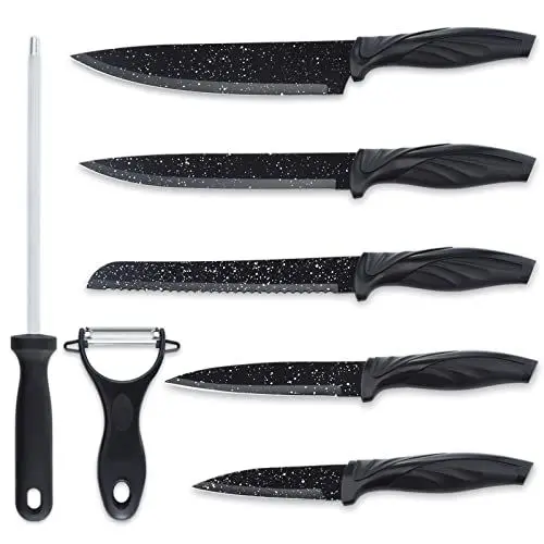 Produktbild: Pleafind 7 teilig Messerset, Serie Sternennacht, Scharfe Edelstahl Küchenmesser Set, Kochmesser Set enthält Kochmesser, Schneidemesser, Brotmesser, Allzweckmesser, Schälmesser, Sparschäler, Wetzstahl