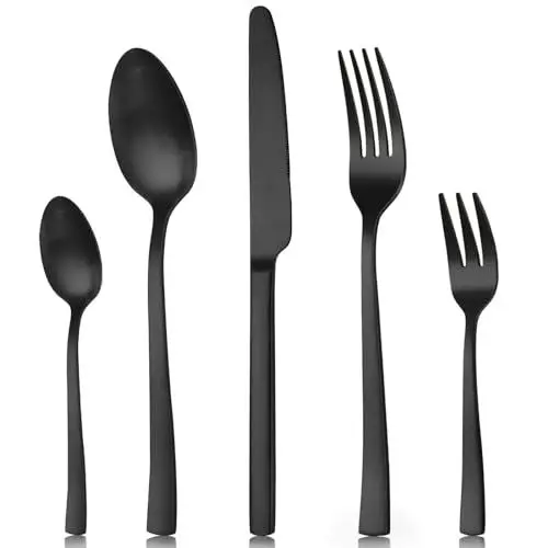 Produktbild: Pleafind Besteck Set, 30 teilig Besteck Set für 6 Personen, hochwertiges Besteck aus Edelstahl, Essbesteck, Schwarzes Besteck, Besteck für Familie/Party/Restaurant, Spülmaschinenfest