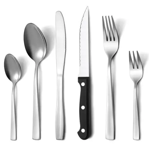 Produktbild: Pleafind Besteck Set, 36 Teilig Besteck für 6 Personen, Hochwertiges Besteckset aus Edelstahl, Besteck Set mit Steakmesser, Hochglanzpoliert, Ergonomisches Design, Spülmaschinenfest