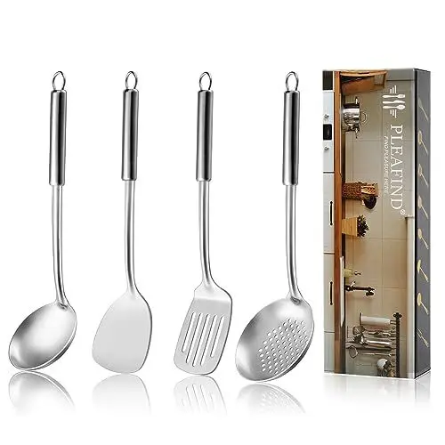 Produktbild: Pleafind Kochutensilien, 4-teiliges Kochutensilien set, 304 Edelstahl Kochlöffel Set mit Suppenkelle, Schaumlöffel, Schlitz Pfannenwender, Solider Wokpfannenwender, Küchenhelfer Set