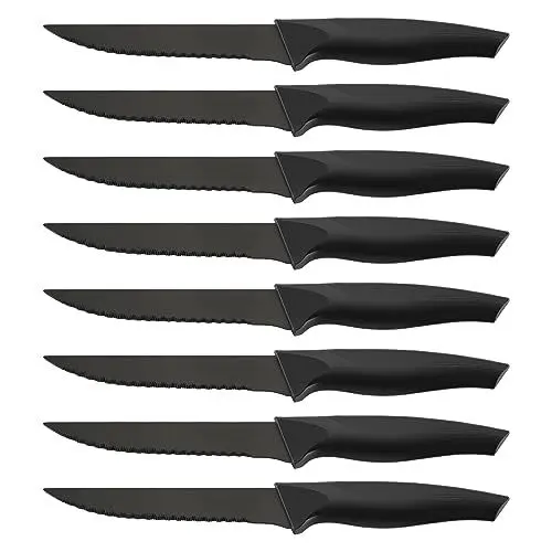 Produktbild: Pleafind Steakmesser Set, 8-teilig, scharfe Steakmesser mit Wellenschliff, Steak Messer aus Edelstahl, Schwarz Messer, Pizzamesser, Tafelmesser, Steakbesteck, Messer Set, Spülmaschinenfest