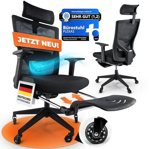 Produktbild: PLEXAS Bürostuhl Ergonomisch | Schreibtischstuhl (Fußstütze, Verstellbar, Blade Wheels) Office Chair höhenverstellbar & wirbelsäulenschonend | Computerstuhl schwarz, Drehstuhl 150kg