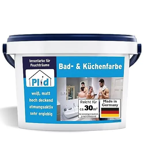 Produktbild: Plid® Bad und Küchenfarbe weiß für alle Wände (STARKER SCHIMMELSCHUTZ) - Anti Schimmelfarbe Innen Weiß für alle Wände - Antischimmelfarbe für Feuchträume & Badezimmer gegen Schimmel - Made in Germany