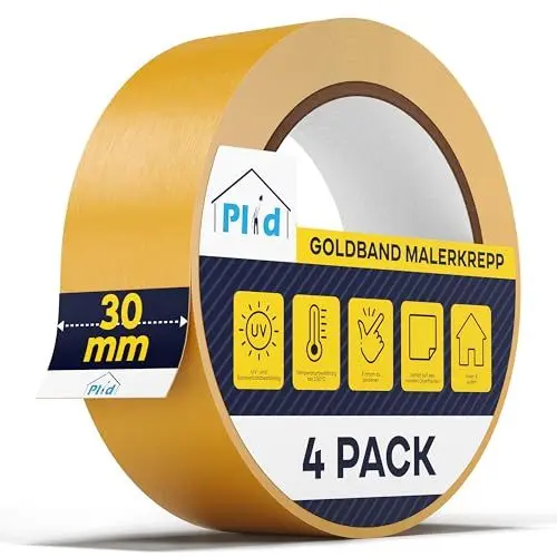 Produktbild: Plid® Goldband Malerkrepp (Wasserabweisend) - Malerklebeband Nassfest - Innen & Außen - Abklebeband Maler, verhindert Unterlaufen von Farben - Painters Tape - Klebeband Maler (30mm, 4 Rollen x 50m)