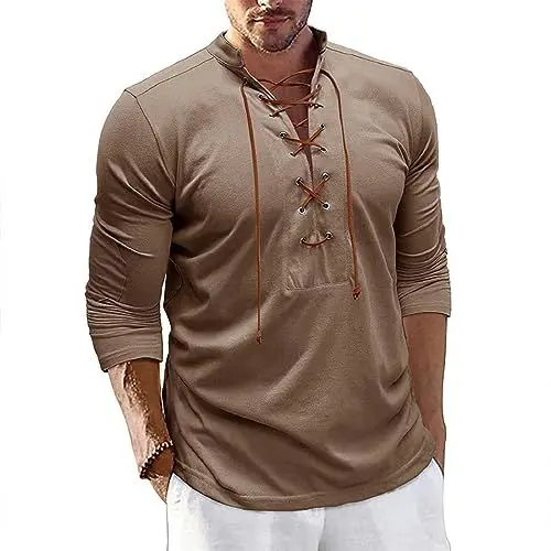 Produktbild: Plilima Henley Shirt Herren Mittelalter Hemd Stehkragenhemd Schnürhemd Hemden Freizeithemden Langarm T-Shirt