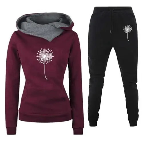 Produktbild: Pliseehose Damen 2-teiliges Outfit für Damen, lässig, langärmelig, Pullover, Kapuze, Bauchfreies Top-Set Weisse Damenhosen Highwaist (Wine, XXL)