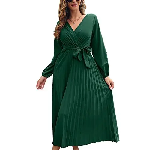 Produktbild: Plisseekleid mit Langen Ärmeln, Schnürkleid mit Hoher Taille, Knöchellanges Kleid mit V-Ausschnitt, Ballonärmel, A-Linien-Saum, Cool und Atmungsaktiv(m-Grün)