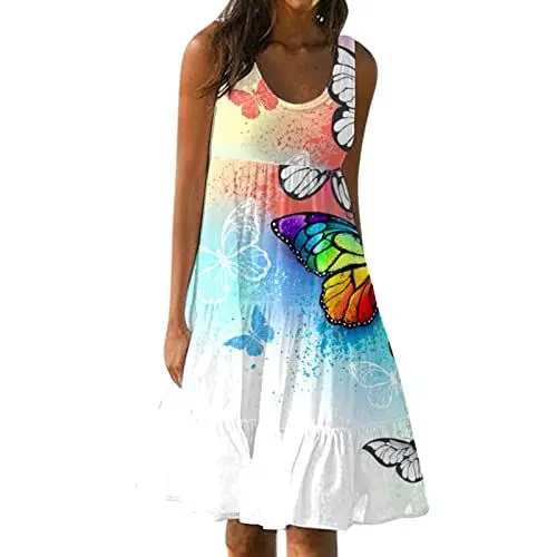 Produktbild: plisseekleid Partykleid V-Ausschnitt Ärmelloses Strapskleid Gestreiftes Patchwork Print Kleid Hohe Taille Kleid Lässiges Strandkleid Midikleid für Frauen Bis zum Knie Weiß 3XL