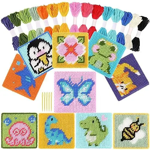 Produktbild: Pllieay 10-in-1 Kreuzstich Anfängerset für Kinder, Stickerei Kit enthält 10pcs Kunststoff Mesh Canvas mit Muster, 15 Garne, 5 Webenadeln, Nadelspitzen Starter Kit Nähen Set mit Anleitung